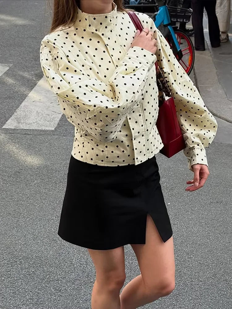 Polka Dot Stand Neck Short Jackets Women Fashion Long Sleeve Patchwork Contrast Slim Coats Casual Lady Street Commute Outerwear