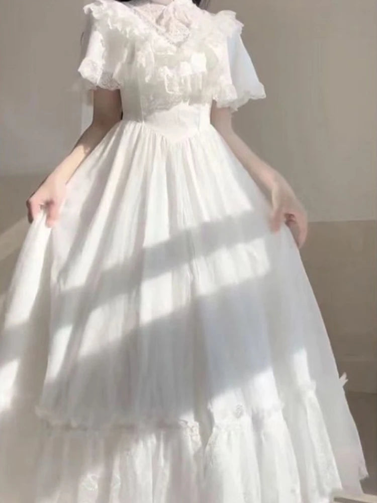 Elegant Vintage Lace White Lolita Dresses Summer Sweet Puff Sleeve Dress for Women 2025 New Slim Waist Mid-length Vestidos Mujer