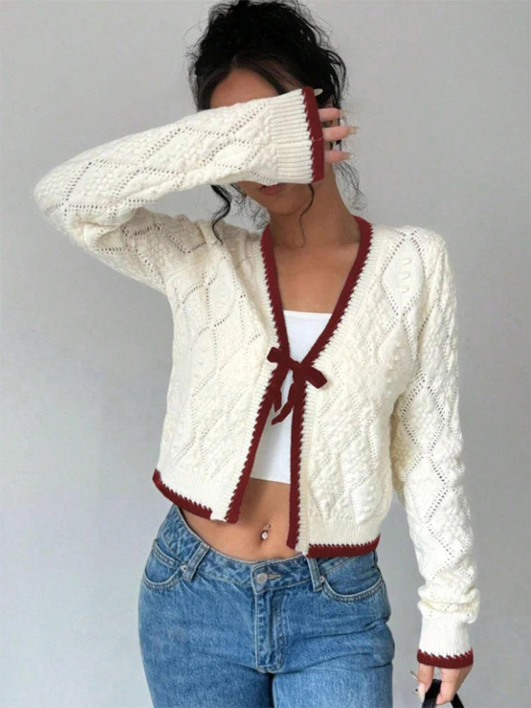 Women's Casual Long Sleeve Knitted Cardigan Rhombus Pattern Contrasting Trims Autumn/Winter 2024 New Design
