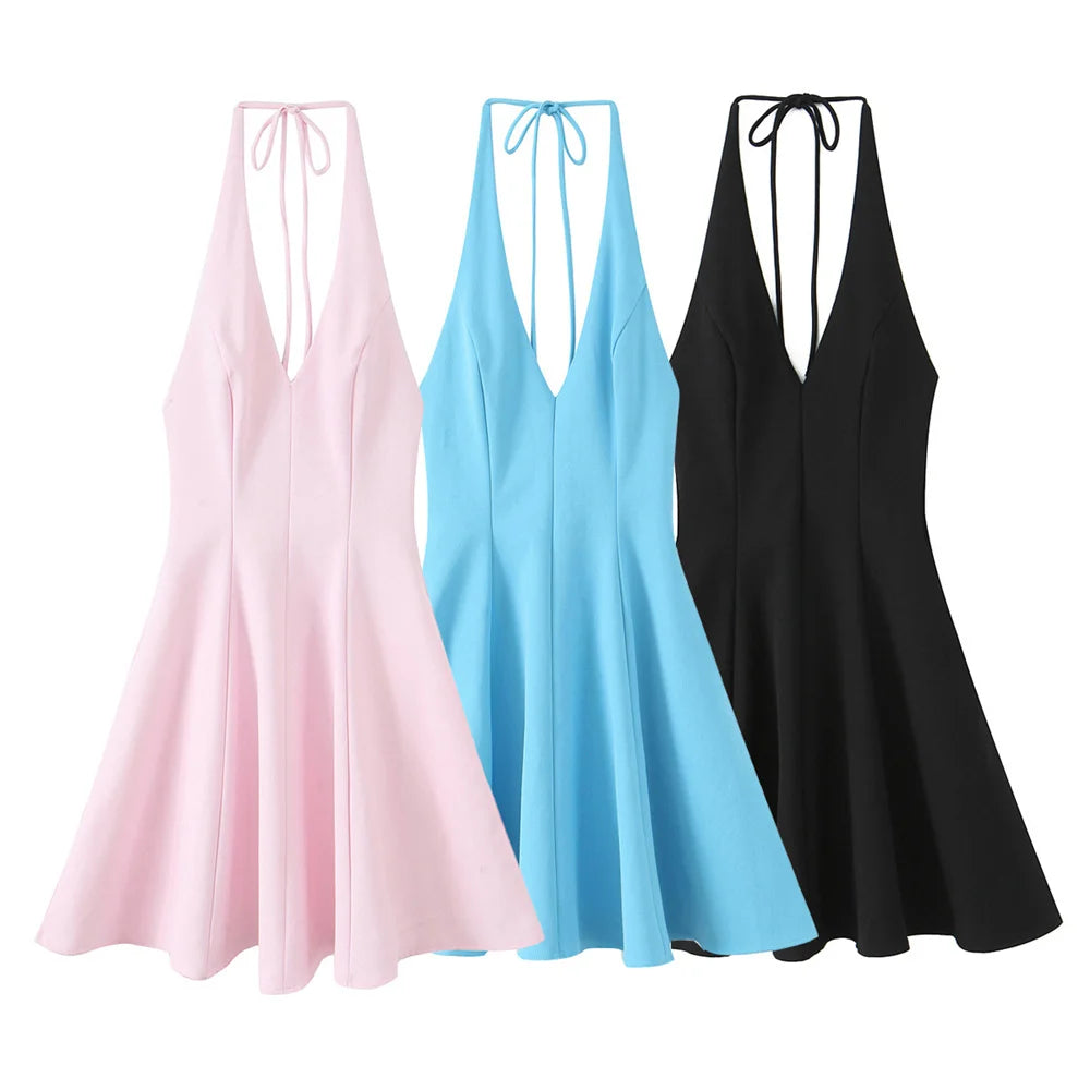 UNIZERA Women's Wave style Hanging Neck Short Dress V-neck Sleeveless Back Zipper Exposed Back Summer New Fashion Dress