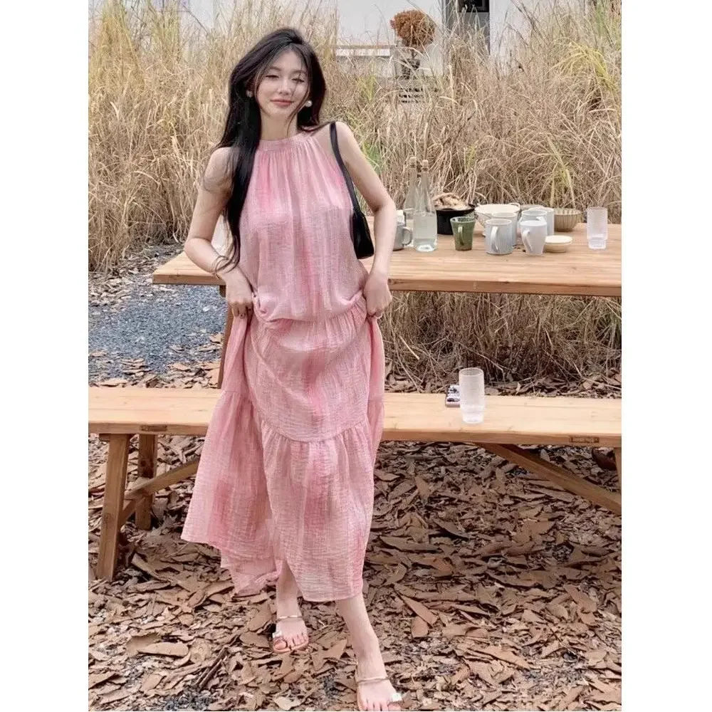 French Style Beautiful Halter Neck Midi Dress Summer Sleeveless Beach Tie Dye Skirt for Small Stature Women Pink Color