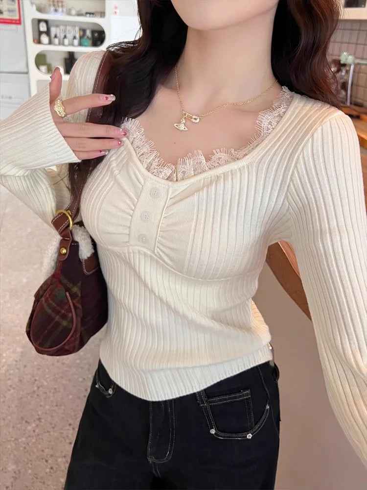 New Low-Neck Lace Trim Splice Knitted Sweater Women's Autumn Winter Simple Base Layer Tops Solid Color V-neck Slim Pullovers