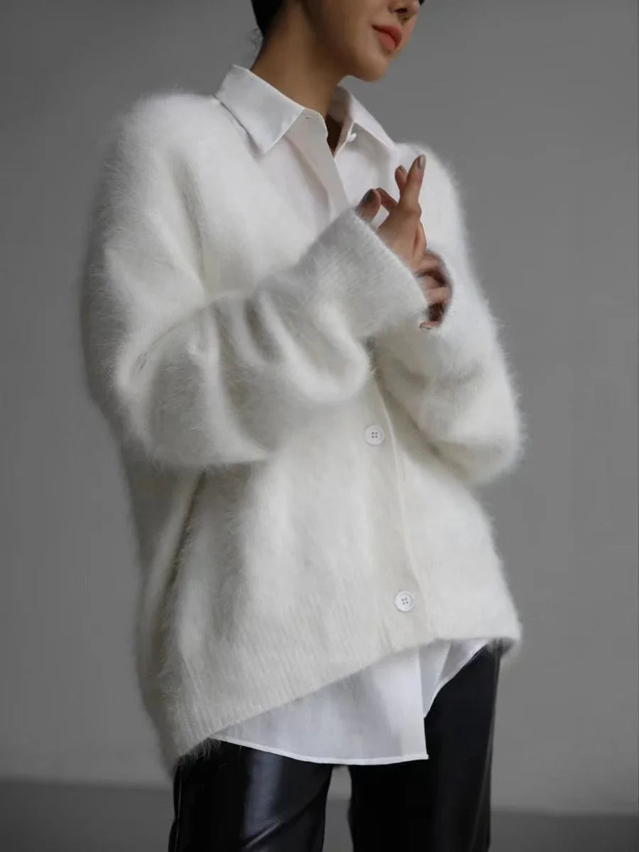 Korean Fashion V-neck Sweater Coat Women's Cardigans Long Sleeve Oversized Sweater Female Buttons Solid Knitted Jacket Women