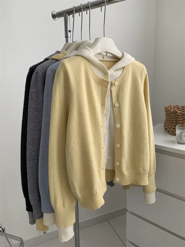 Korean Style Fake Two Piece Hooded Knit Cardigan Women Autumn Winter Fashion Simple Versatile Sweater Coat