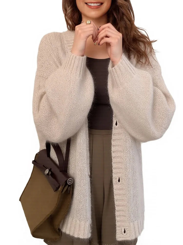 New Fashion Puff Sleeve Button Knitted Cardigan Women's Weaters Autumn Winter Long Sleeve Casual Loose Women Sweater Coat