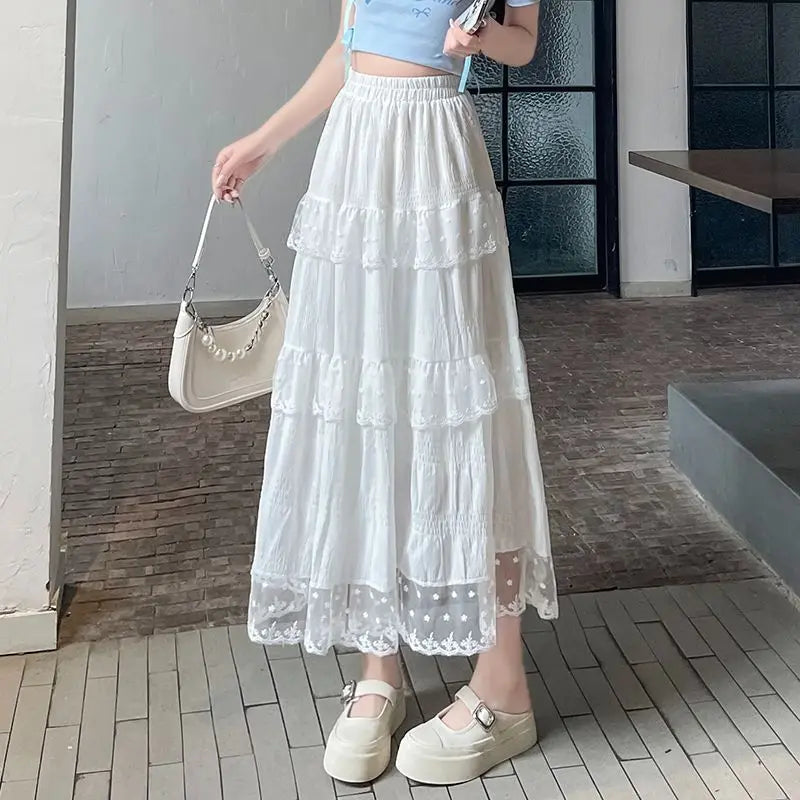 Sweet And Fresh Lace Midi Skirt Women Spring Summer High Waist Flowy A Line Ruffle Maxi Skirt