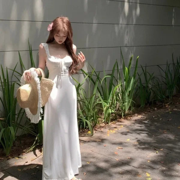 Gentle Wind White Strapless Backless Dress Women Summer New Beach Vacation Beautiful Long Dress V-neck Knee-length Skirt