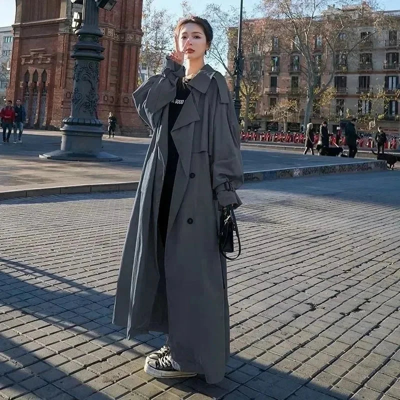 Autumn Winter Khaki Long Trench Coat for Women 2025 Jacket Elegant Outerwear Turn-down Collar Tie Belt Korean Chic Windbreaker