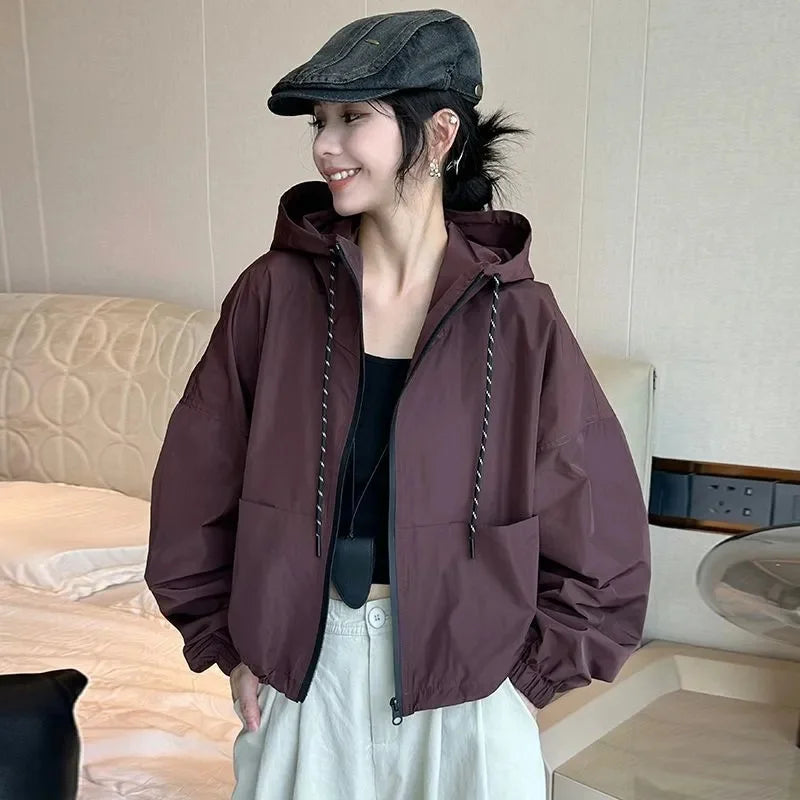 2025 New Fashion Women Hooded Jacket Autumn Casual Zipper Pockets Jackets Coats Female Long Sleeve Windbreaker Jacket