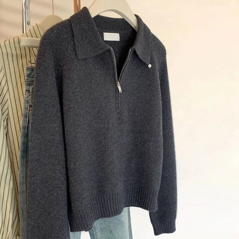 Dark Gray Polo Collar Half Zipper Sweater Women Autumn And Winter 2025 New Lapel Small Sweater Top