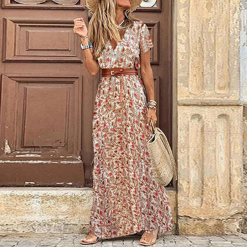 Elegant Floral Pleated H shaped Midi Dress Female V Neck Puff Sleeve Waist Ruched Button Dresses Women Summer Dress Robe