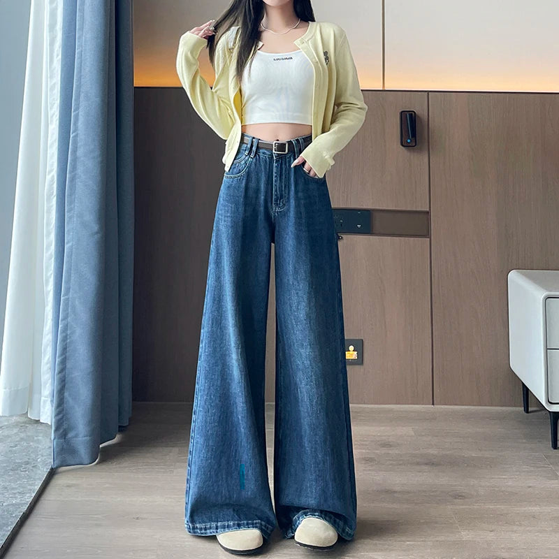 High-waisted Vintage Denim Wide-leg Pants. Ladies Spring Fall New Loose High Waist Double Buckle Floor-length Micro-flared Jeans
