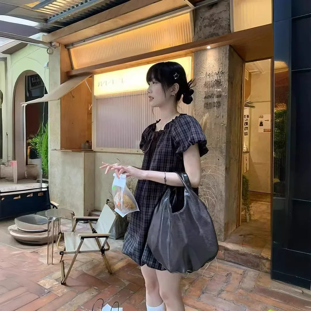 2024 Summer New Arrival Women's Plaid Puff Sleeve Dresses Petite Medium Length Fashionable Wood Ear Trimmed Dresses