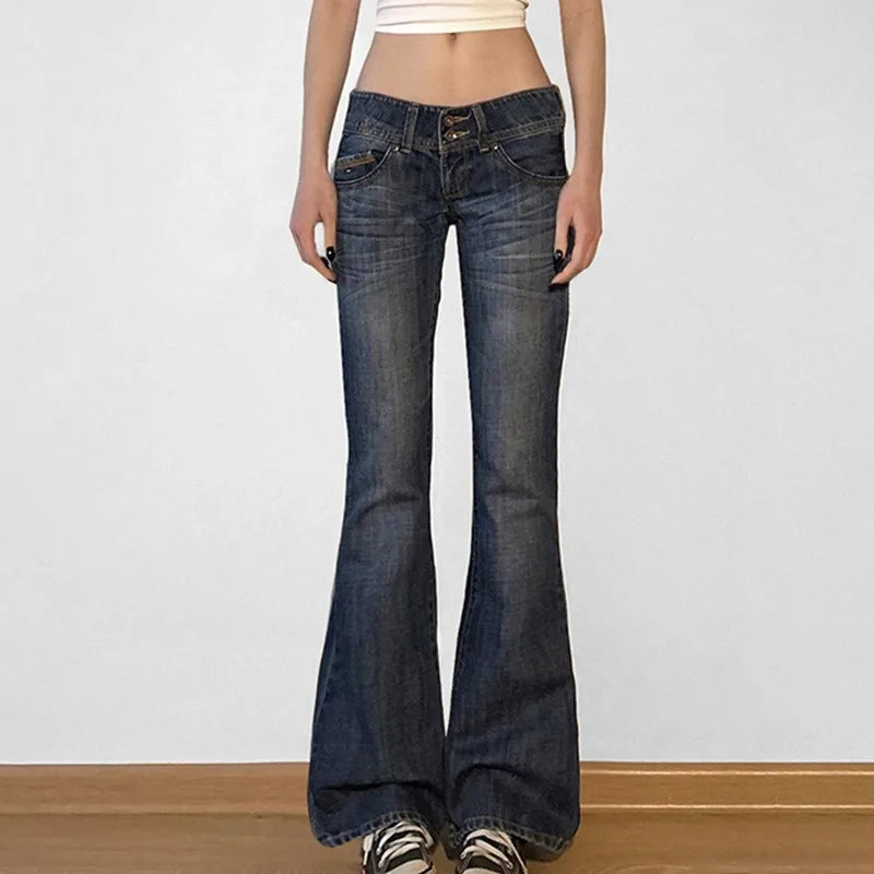 Vintage Y2k Flared Jeans Retro Button-up Low Rise Casual Denim Pants Harajuku 2000s Trousers Basic Aesthetic Mom Jeans