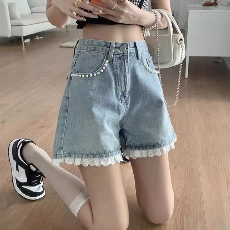 High Waist Lace Trimmed Denim Shorts