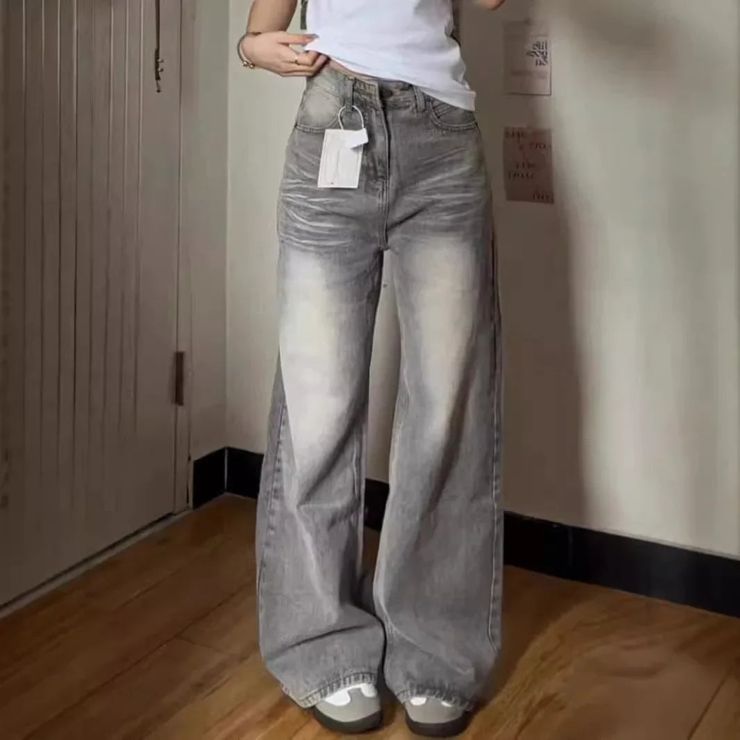Vintage Wide-Leg Jeans Grey American Style Straight-Leg Casual Pants For Women Loose Fit Draped Spring Autumn 2024 New Arrival