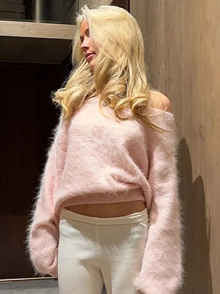 Fluffy Mohair Off Shoulder Cropped Sweater Oversize Slouchy Long Sleeve 2025 Autumn Cozy Women Knit Top Trendy Sweet Lady Jumper