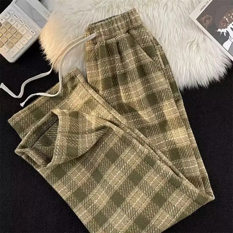 UM Youmi Plaid Woolen Trousers Spring Autumn Loose Straight Vintage Casual Pants