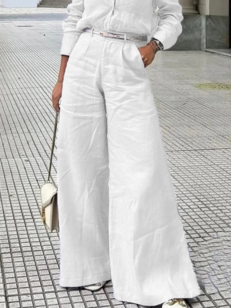 Bonboho Women's Cotton Linen High Waist Wide Leg Pants with Pockets 2025 Summer Minimalist Solid Color Casual Office Trousers