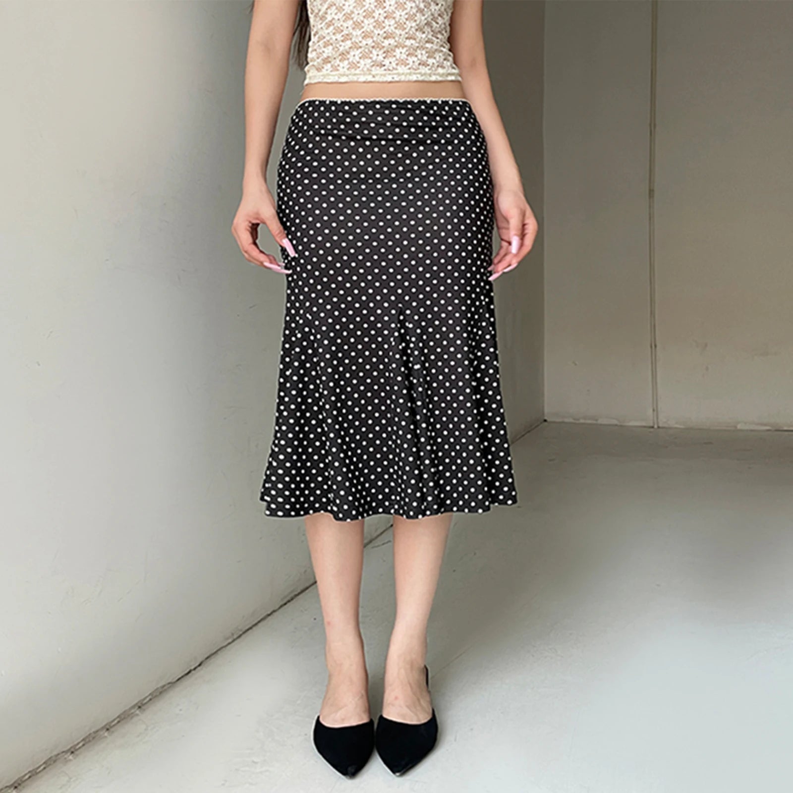 Dot Print Low Waist Skirts Spring Summer Vintage Casual Skirts Women Fashion Midi Skirts