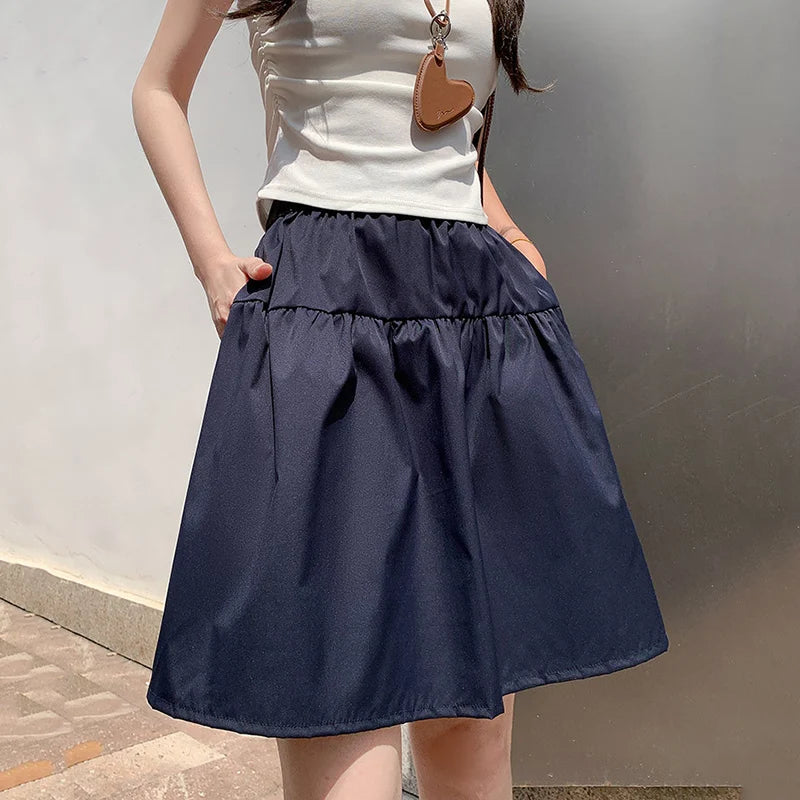 Japanese Style High Waist A- Line Skirt Women Korean Loose Summer Knee Length Skirts Woman Solid Color Pocket Short Skirt Female