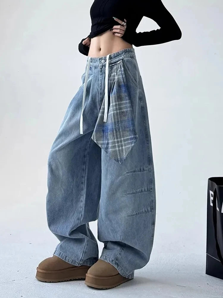 Vintage Streetwear Women Jeans Plaid Square Scarf Patchwork Wide Leg Denim Pants Loose Street Dance Lace Up High Waist Trouser