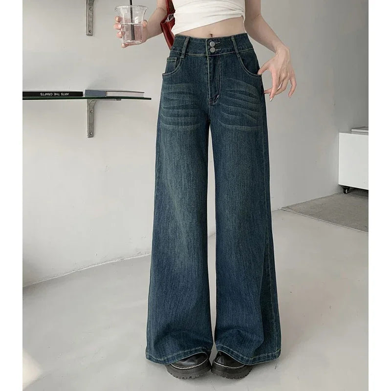 Girls Chic Fashion Wide Leg Jeans Female High Waist Casual Daily Pants Lady Korean Casual Baggy Straight Leg Denim Trousers