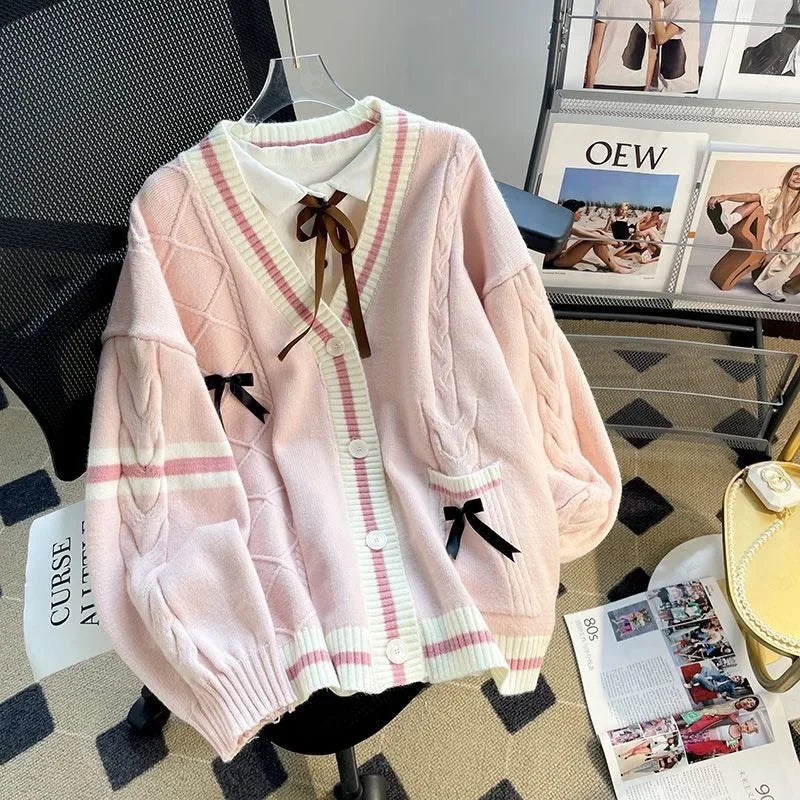 Loose-Fit Women's Autumn/Winter Bow Sweater Jacket 2024 New Style Sensibility Age-Reducing Japanese Knitted Cardigan V-Neck