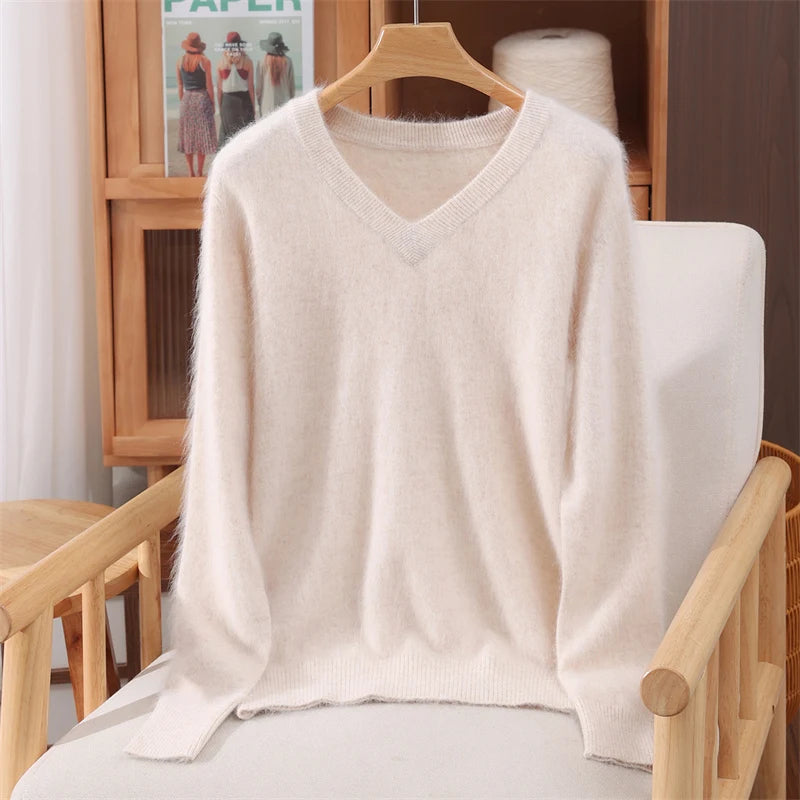 100% Mink Cashmere Pullover Sweater New Autumn Winter Women's  V-neck Soild High-end Soft Warm Basic Knitted Long Sleeve Tops