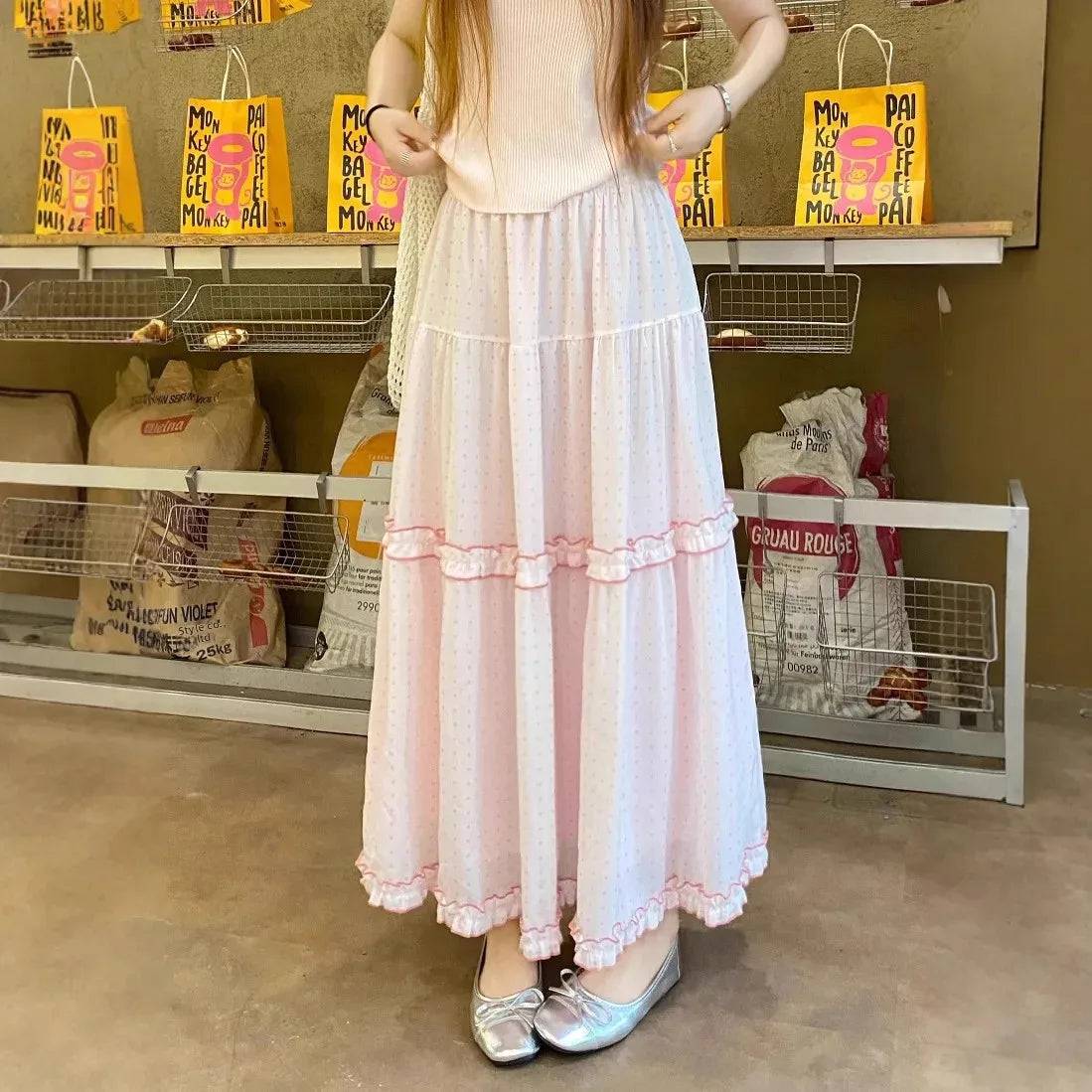 Sweet Style Wood Grain Ruffle Cake Half Skirt Summer French Dot Pink A- Line Midi Skirt Polyester Fiber Snowflake Material
