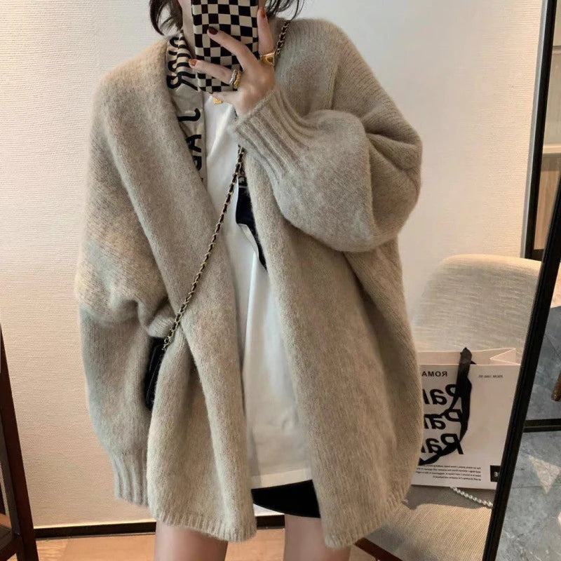 Korean Balloon Sleeve Knit Cardigan Women Korean Solid Color Loose Sweater Coat Woman Lazy Wind Soft Warm Cardigans Ladies