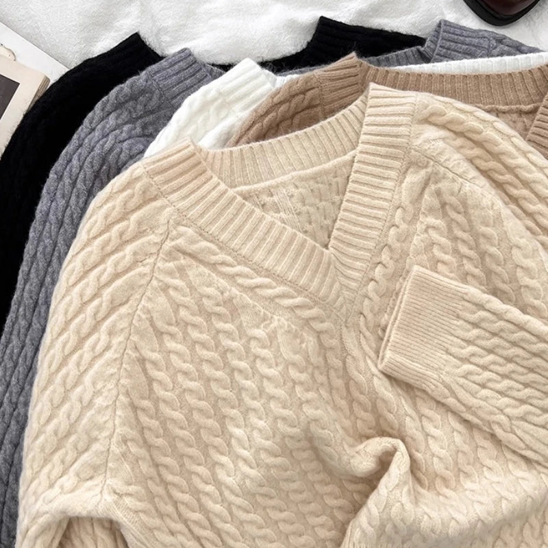 2026 New Thickened V-Neck Twisted Sweater Women's Autumn Winter Knitted Base Layer Top Lazy Style Design Knitwears Crop Top