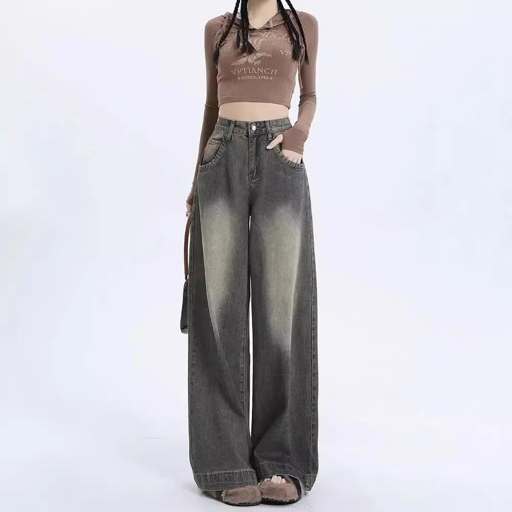 New Arrival Fall 2023 High-Waisted Vintage Wide-Leg Jeans Women's American Style Straight-Leg Casual Loose Fit Denim Trousers