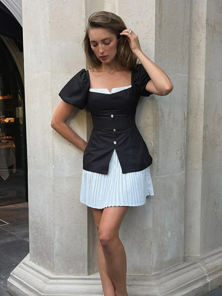 Elegant Patchwork Pleated Dress Women Square Neck Puff Sleeve A-line Mini Vetido Summer Lady Casual Chic Office Party Streetwear