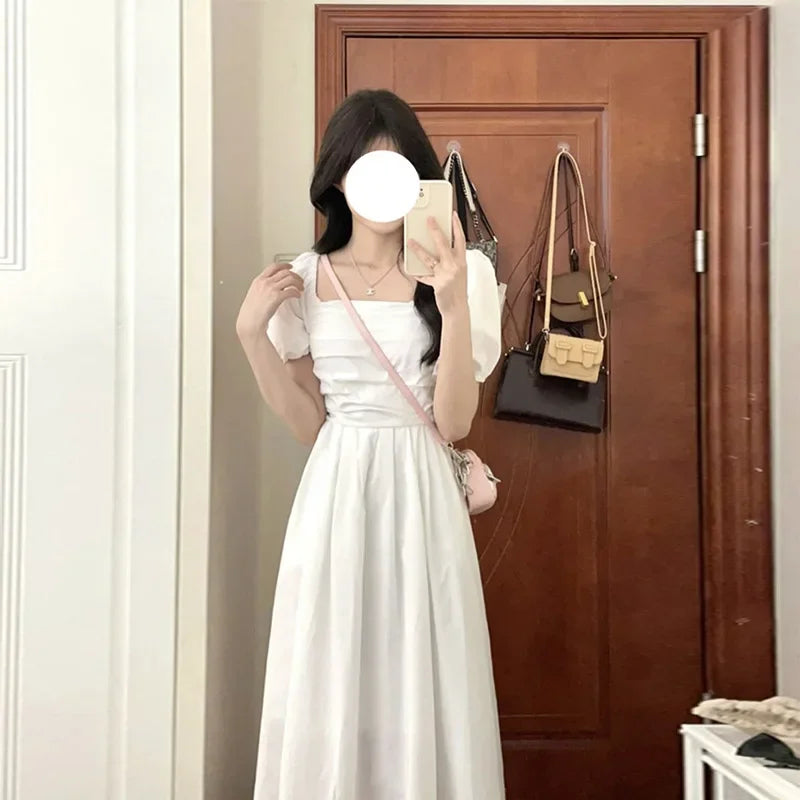 Elegant High-Waisted Long Dress Slimming Petite Puff Sleeve Summer New Style French Chic Square Collar White Dress For Women