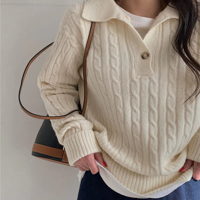 Korean Style Turn-down Collar Solid Women Twists Pullover Sweater Casual Knitted Tops Fall Elegant Long Sleeve Knitwear