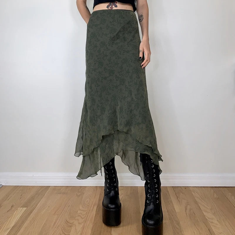 Women Elegant Floral Print Midi Skirt Summer High Waist Irregular Hem Ruffled Retro Skirt y2k Fairycore Grunge Streetwear