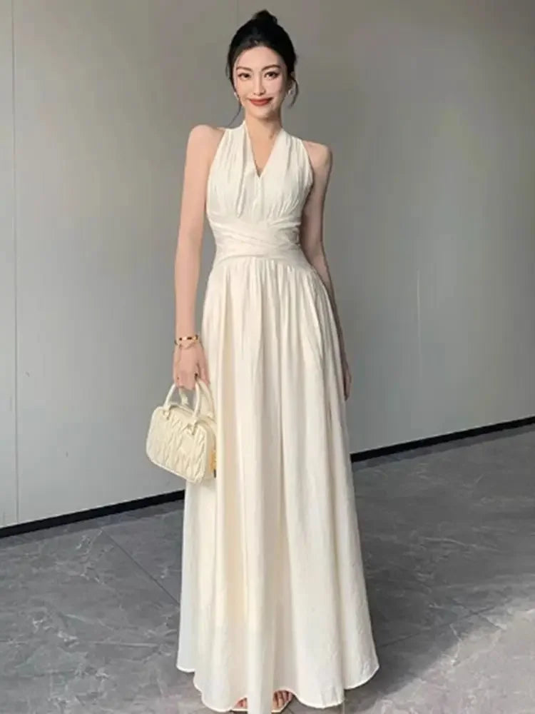 French Style Sleeveless V-Neck Long Dress Women's Summer New Beautiful Waist-Cinching Slimming Maxi Skirt Elegant Gown