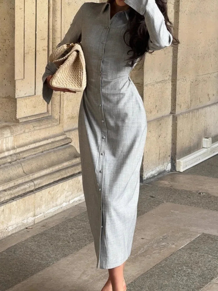 Casual Long Sleeve Commuting Maxi Dress Autumn Women Fashion Button Solid Shirt Dress Elegant Lapel Hight Waist Slim Long Dress