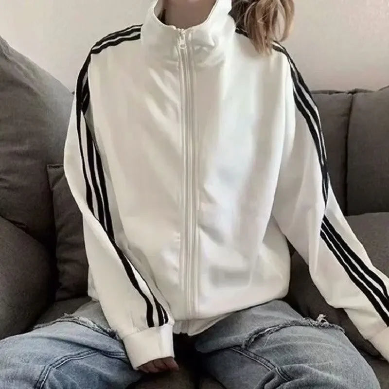 Spring Autumn New Three Bars Jacket Women's Thin Baseball Style Loose Bf Trendy Black Coat for Students Casual Outerwear