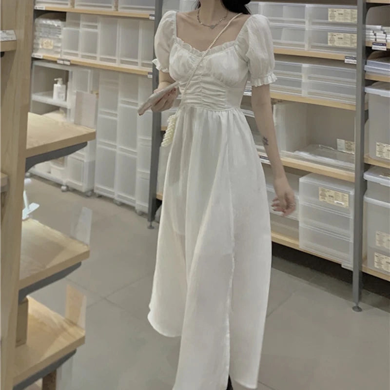 Women Vogue White Side Slit Chiffon Dress Lady Sweet Ruched Prom Cinderella Dress Female Elastic Puff Short Sleeve Midi Dress