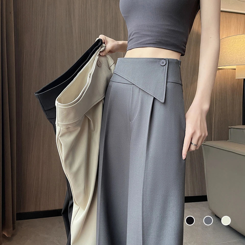 Elegant Irregular Button Loose Women Wide Leg Full Pant 2025 New High Waist Spring Summer Casual Minimalism Straight Trousers