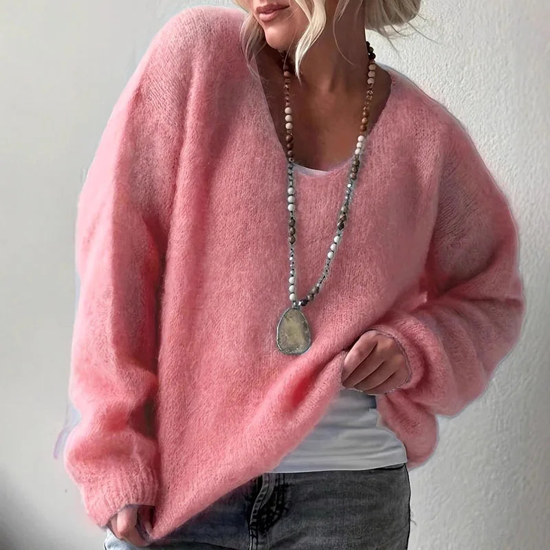Autumn Elegant V-neck Soft Sweater Tops Women's Causal Long Sleeve Solid Color Knitted Blouse Winter Fashion Wram Loose Jumpers