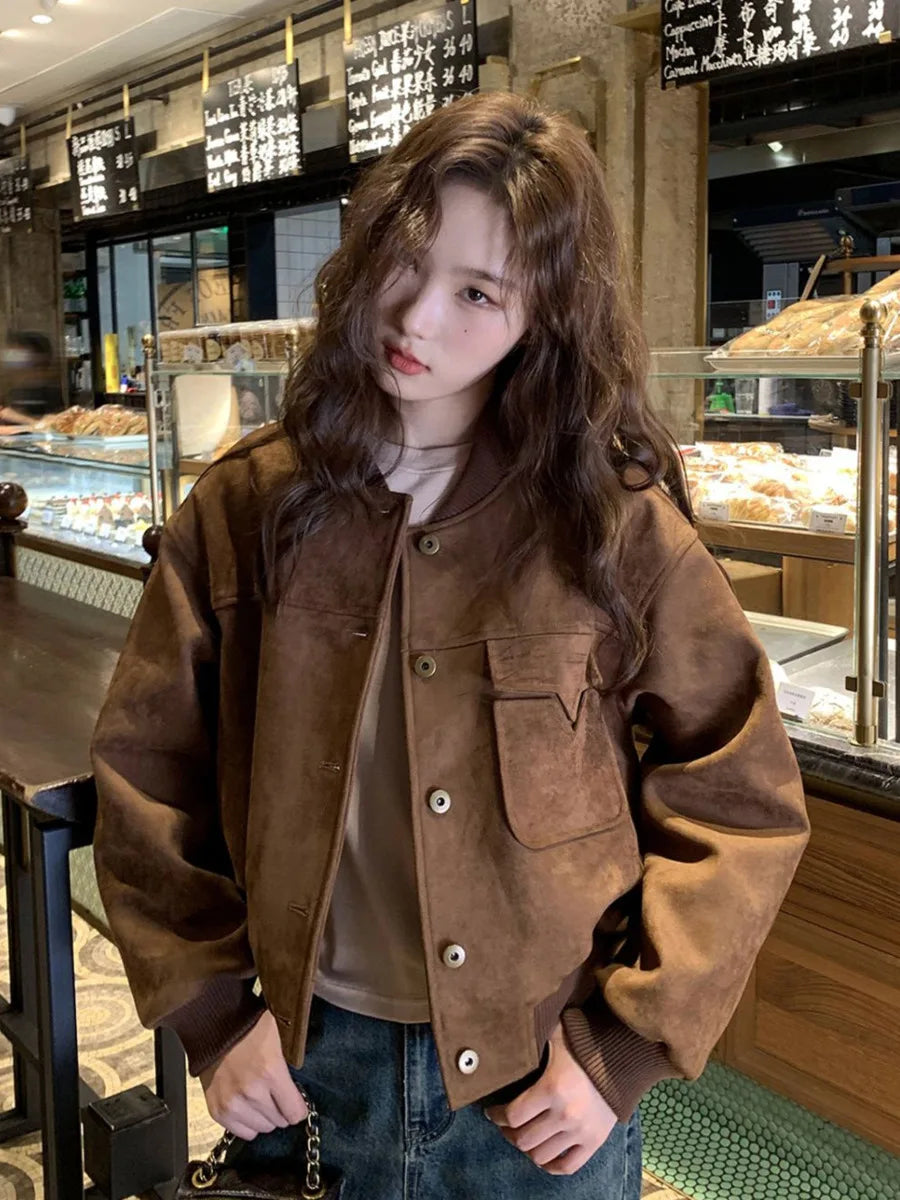 Vintage Suede Baseball Jacket Women Spring Autumn Motorcycle Jacket Long Sleeve Casual Coat Top Basic Jacket Loose Outerwear