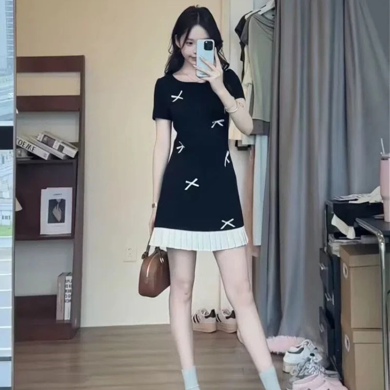 Bow summer dress design slim 2025 sleeveless splicing contrast color small person waist