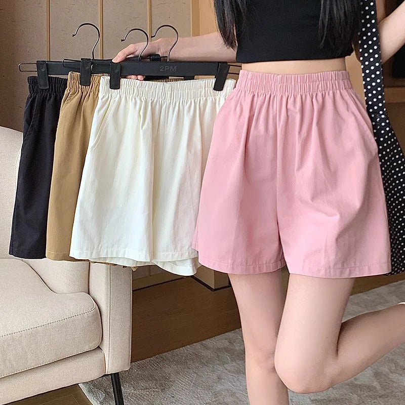 2025 Summer Women Double Pockets Cargo Short Pants Lady Solid Wide Leg Wash Cotton Shorts Girls Korean Baggy High Waisted Slacks