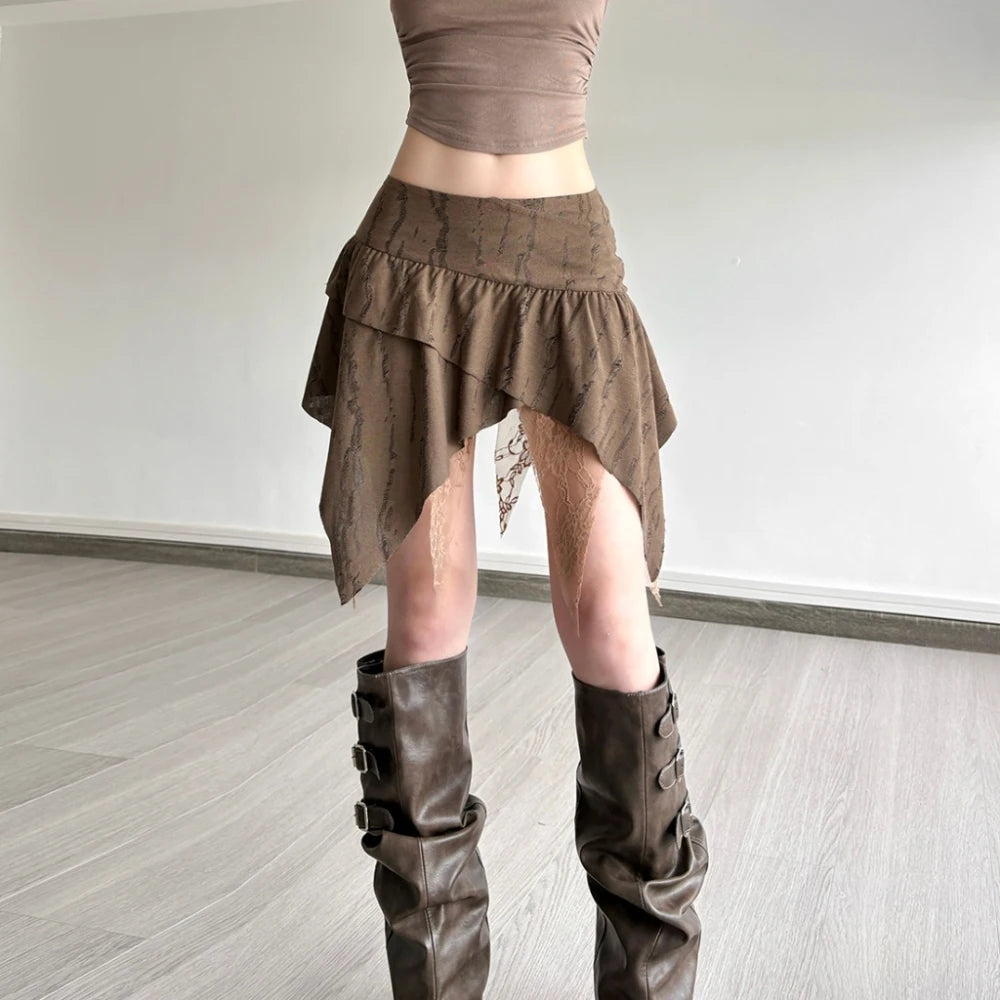 SylCue Mesh Patchwork Mini Skirts Women Elastic Waist Irregular Ruched Ruffles High Street Style Casual Elegant Classic Bottoms