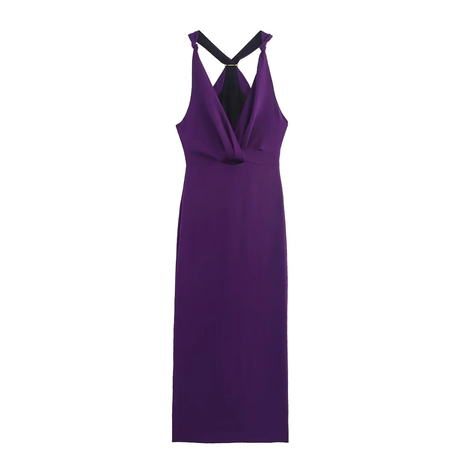 2025 Autumn New PurpleWomen's Dress Knotted Decoration Sexy Deep V-Neck Dress Long Dress Personality Fashion Temperament