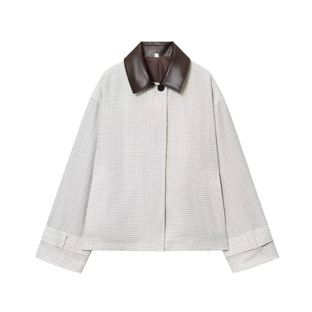 Taop&Za's new women's retro loose casual lapel long sleeved single breasted leather collar short windbreaker