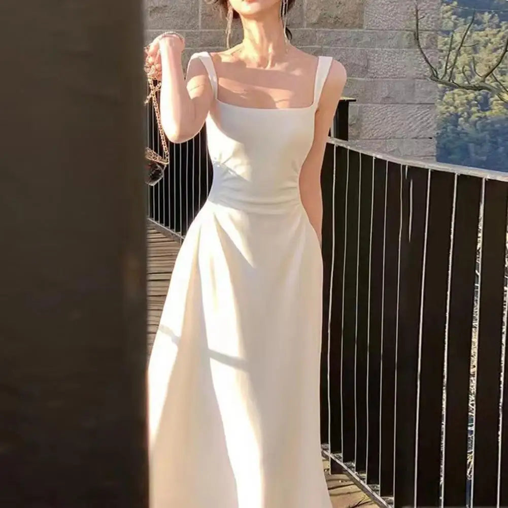 Summer Women Spaghetti Strap Elegant Midi Satin Dresses Wedding Evening Birthday Holiday Backless Prom Clothes New
